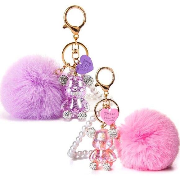 Accessories - Cute Teddy Bear Keychain Bling Pom Pom Wristlet for Women Gifts